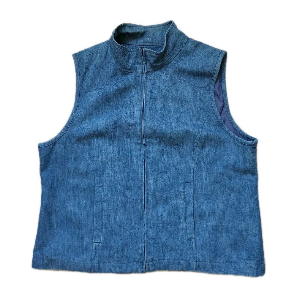VTG City Blues Koret Denim Embroidered Zip Front Vest Women’s PL Blue Lined EUC
